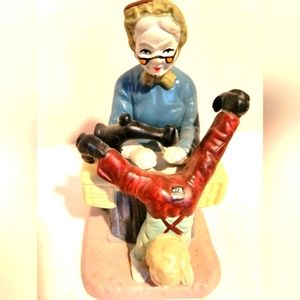 Vintage Lefton Granny Sewing Boys Pants Figurine Porcelain Sew Meema Kitschi